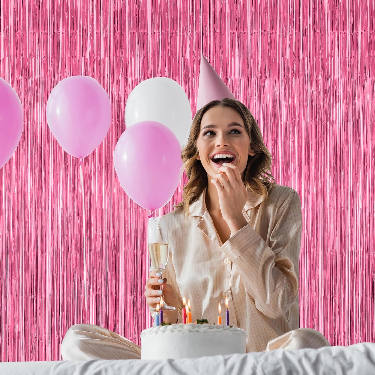 ZATAYE Pink Foil Fringe Curtains - 12 Pack Metallic Tinsel Backdrop for Parties | 3.28 FT x 7.05 FT
