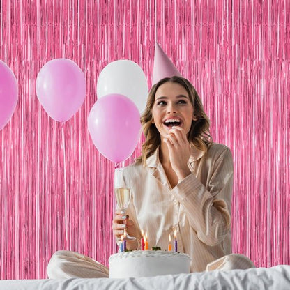 4 Pack Metallic Pink Birthday Backdrop - 3.28 FT x 7.05 FT Fringe Curtains for Parties | Bachelorette & Valentine's Decor