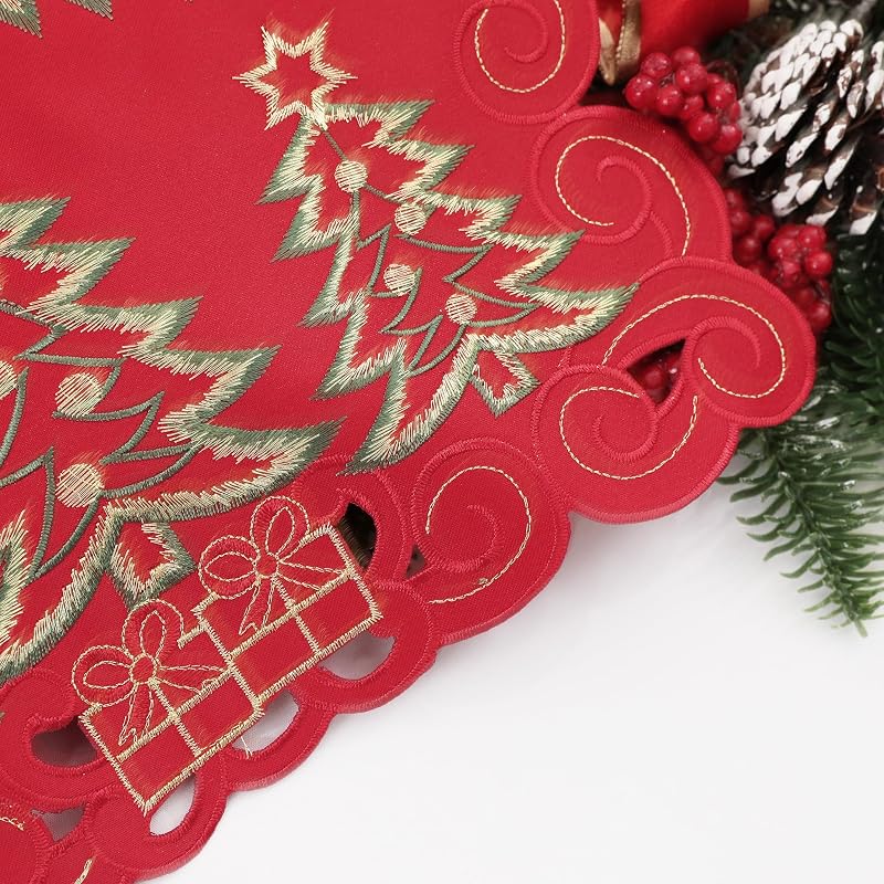 13"x70" Christmas Table Runner - Embroidered Red Tree & Gifts, Polyester | Simplebrand