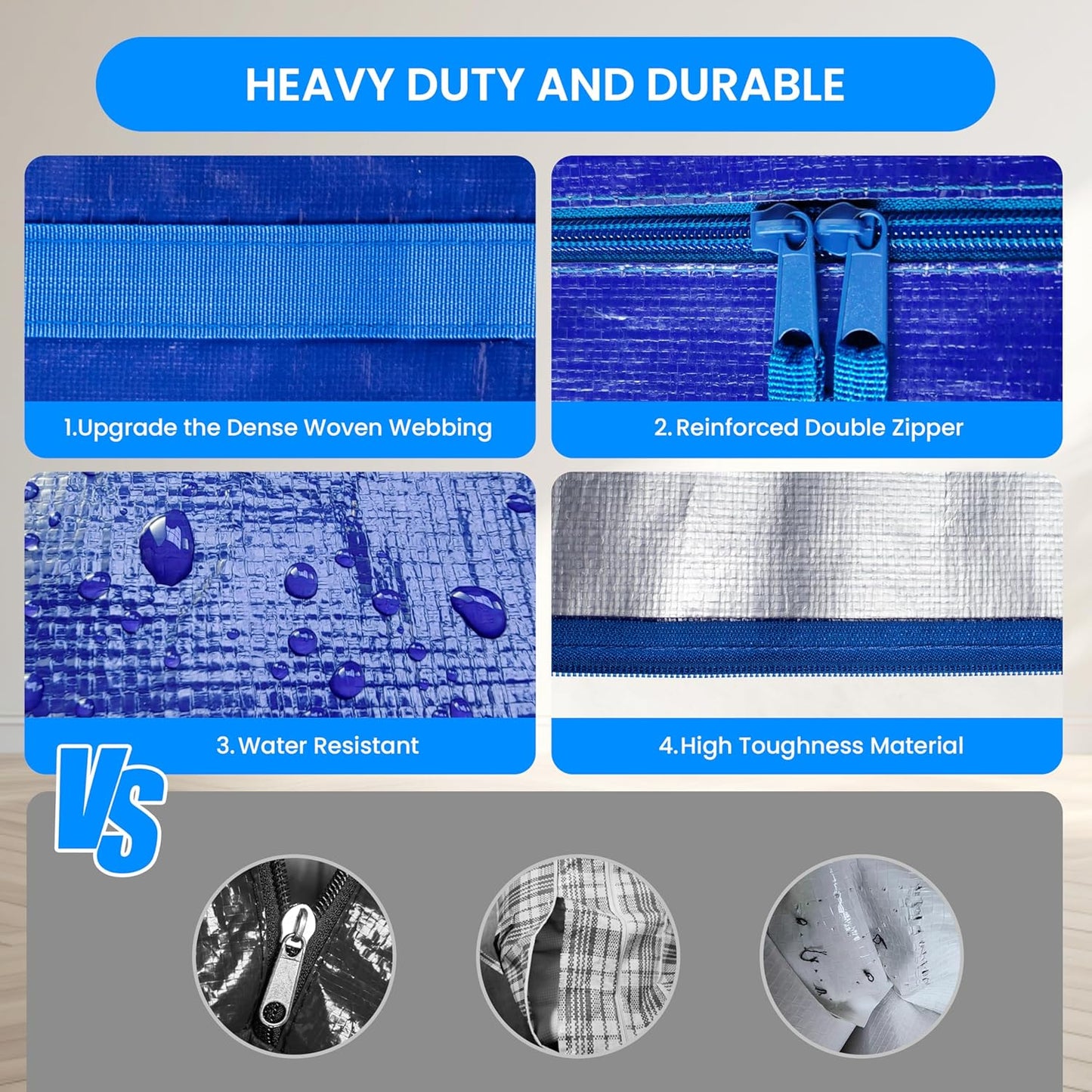 Simple Deluxe Heavy Duty Moving Bags - Extra Large Storage Totes with Lids & Zipper | Blue 4-Pack