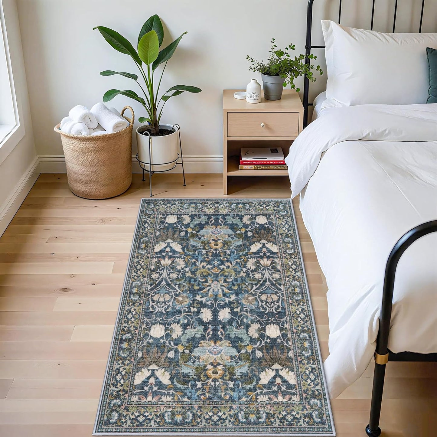 Skiennix 4x6 Living Room Area Rug - Washable Boho Non-Slip Floral Carpet for Bedroom & Kitchen