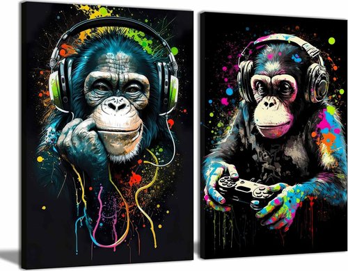 Graffiti Gaming Canvas Wall Art - Vintage Watercolor Chimpanzee Poster for Game Room Decor