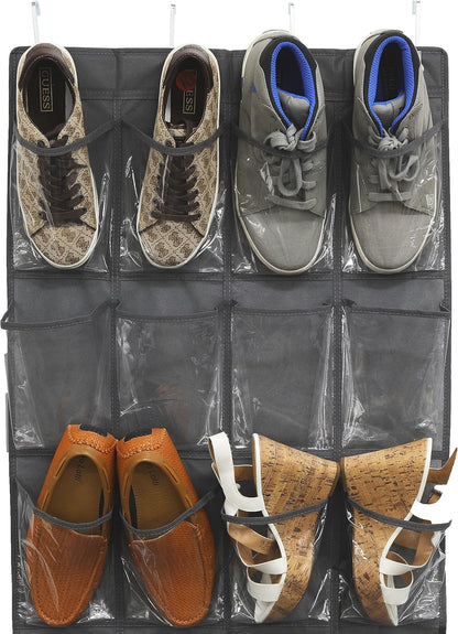 Simple Houseware Over The Door Shoe Organizer - 24 Clear Pockets, Dark Gray (56" x 22.5")