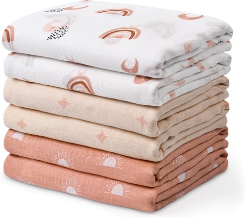 GLLQUEN Baby Receiving Blanket - Soft Cotton Muslin Swaddle for Newborns | 6 Pack in Sun Design