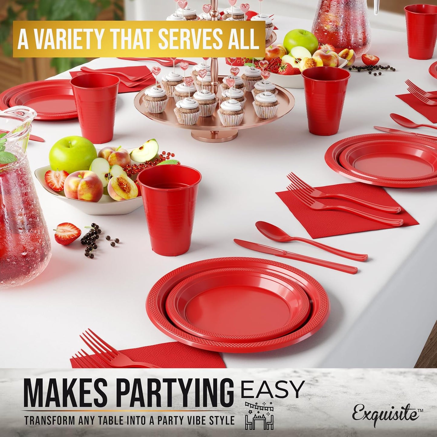 Regine Switzerland 350 Pcs Red Plastic Plates Set - Complete Disposable Dinnerware for Parties | 9" & 7" Plates, Cups, Napkins & Cutlery