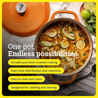 Lodge Enamel Cast Iron Dutch Oven - 6 Quart Pumpkin - Ideal for Baking, Braising & Slow Cooking - Moisture-Sealing Lid & Dual Handles