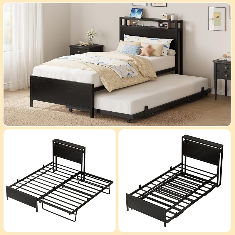 IRONCK Twin Daybed with Trundle, Storage Headboard & Charging Station - Black