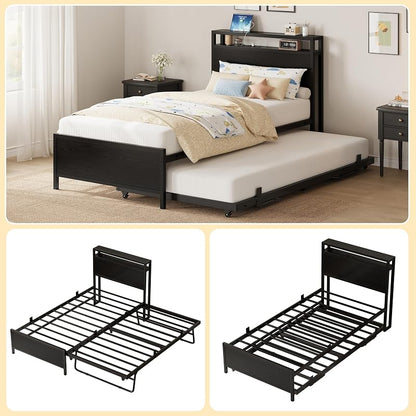 IRONCK Twin Daybed with Trundle, Storage Headboard & Charging Station - Black