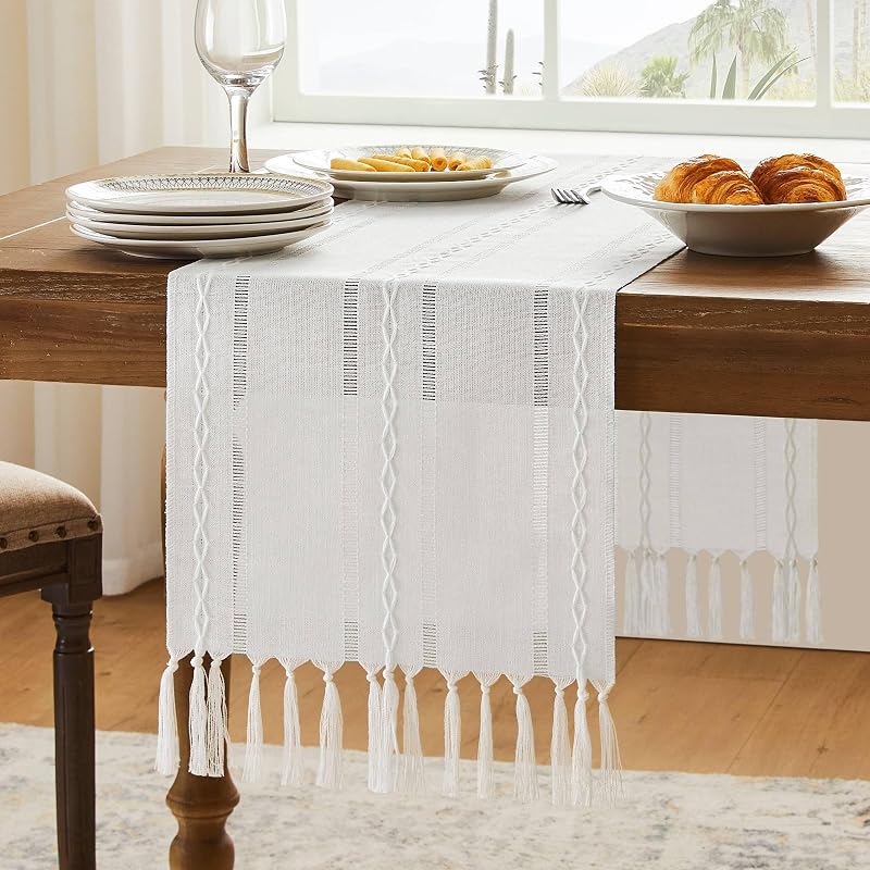 Hemstitched White Christmas Table Runner 13x72 in - Cotton Linen Boho Embroidered
