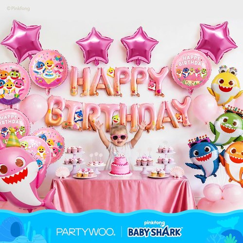 Baby Shark | PartyWoo 37-Piece Foil Balloon Set - Pink Round & Star Mylar Birthday Decorations