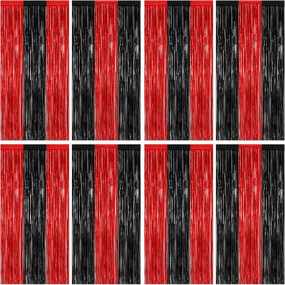 8 Pack Halloween Party Supplies - Red & Black Foil Streamer | 3.28 FT x 7.05 FT Metallic Fringe Curtains