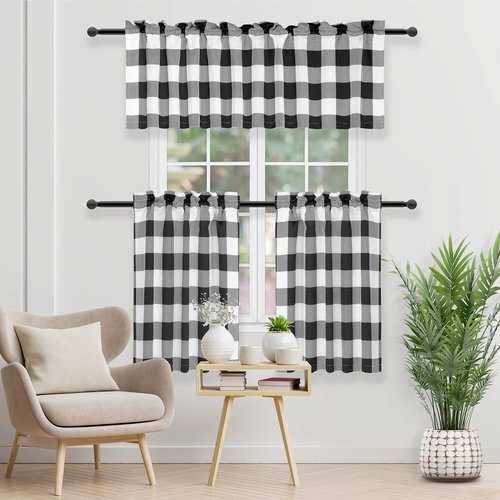 Simple Deluxe Buffalo Plaid Check Kitchen Tier Curtains, Short Small Window Gingham Curtain for Cafe, Bathroom, Kitchen Rod Pocket Curtains, Black and White, Tiers|26'' W x 24'' L X 2 Pcs