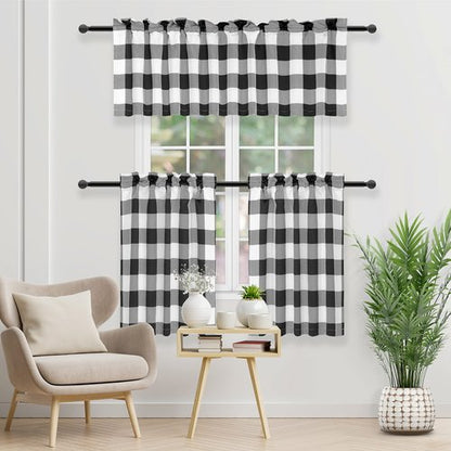 Simple Deluxe Buffalo Plaid Check Kitchen Tier Curtains, Short Small Window Gingham Curtain for Cafe, Bathroom, Kitchen Rod Pocket Curtains, Black and White, Tiers|26'' W x 24'' L X 2 Pcs