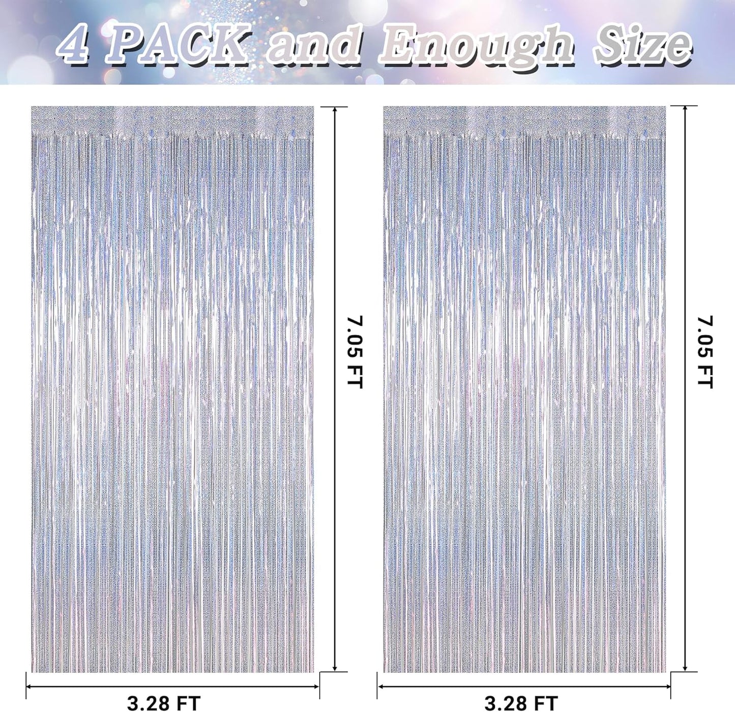 NYE Silver Tinsel Foil Curtain - 4 Pack Glitter Backdrop | 3.28 FT x 7.05 FT Metallic Party Decor