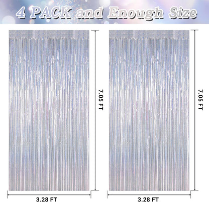 NYE Silver Tinsel Foil Curtain - 4 Pack Glitter Backdrop | 3.28 FT x 7.05 FT Metallic Party Decor