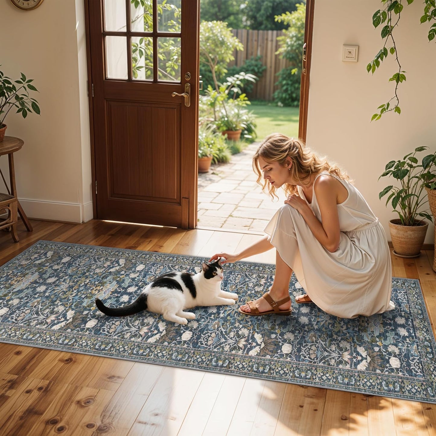 Skiennix Washable Hallway Runner Rug - Vintage Water-Resistant, Ultra Soft, Non-Slip | 2x8 Floral Blue