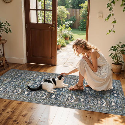 Skiennix Washable Hallway Runner Rug - Vintage Water-Resistant, Ultra Soft, Non-Slip | 2x8 Floral Blue