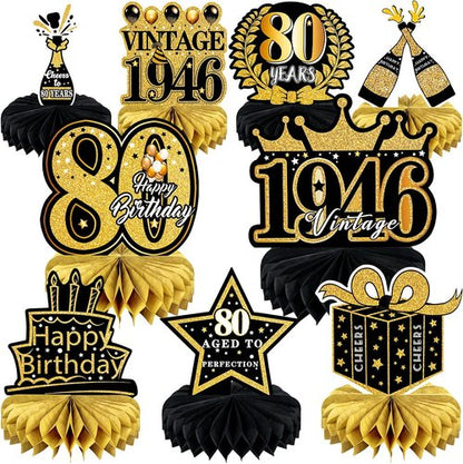 Happy 80th Birthday Decorations | 9 Pcs Honeycomb Centerpieces in Black and Gold - Celebrate 80 Years!