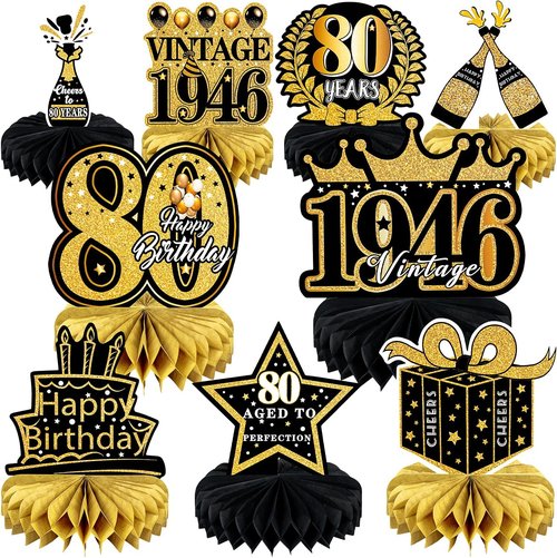 Happy 80th Birthday Decorations | 9 Pcs Honeycomb Centerpieces in Black and Gold - Celebrate 80 Years!
