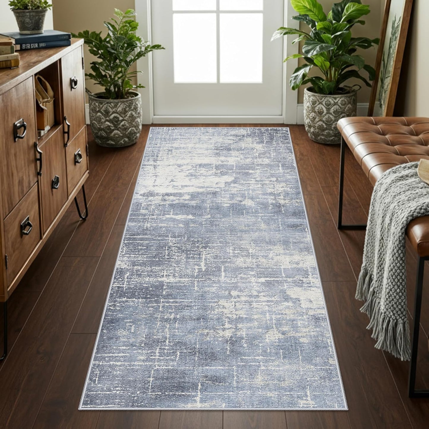 Skiennix Non-Slip Entryway Area Rug - Washable Stain Resistant Vintage Abstract Design | 2x6 ft, Blue