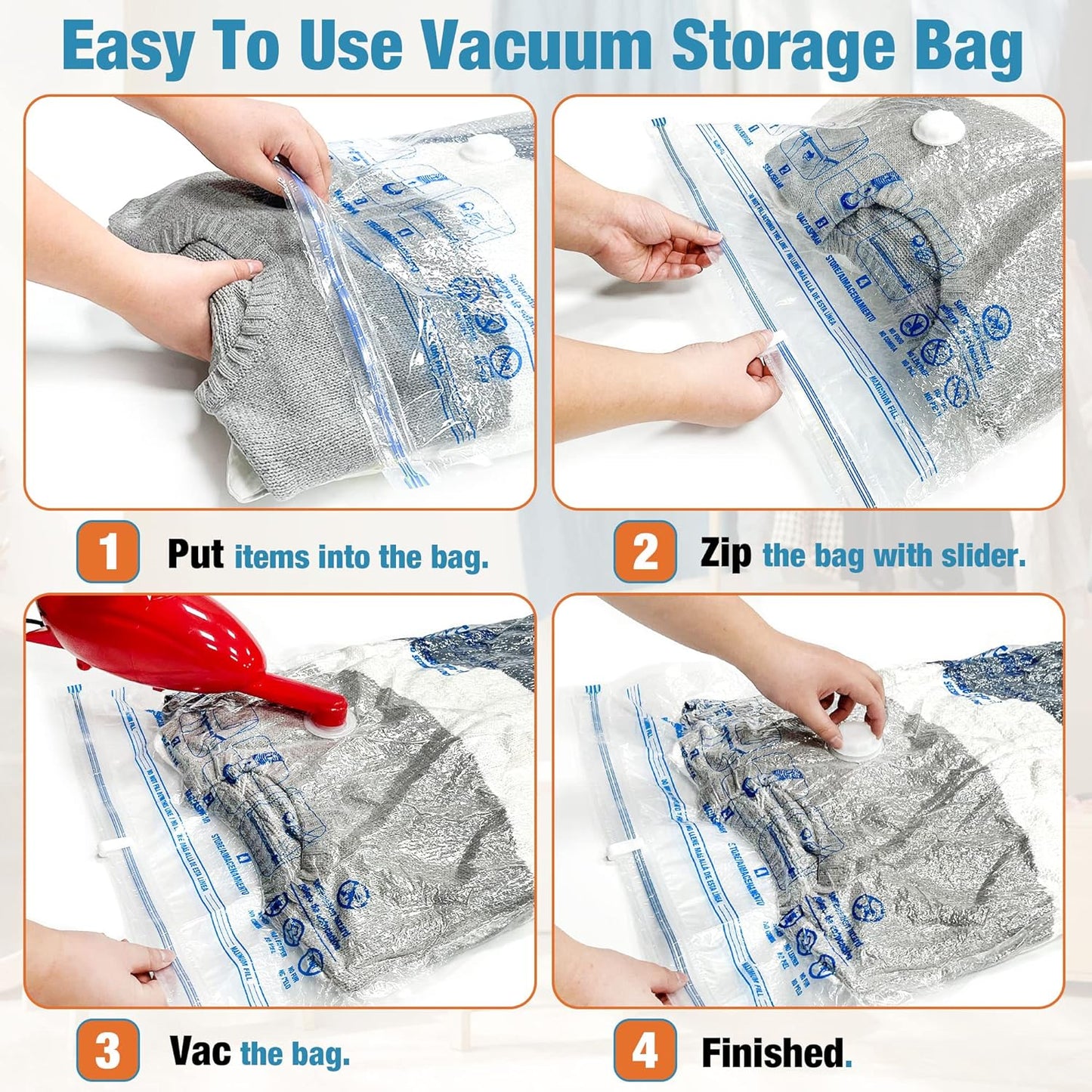 Skiennix Vacuum Storage Bags - 10 Small Space Saver Seal Bags for Clothes with Travel Hand Pump