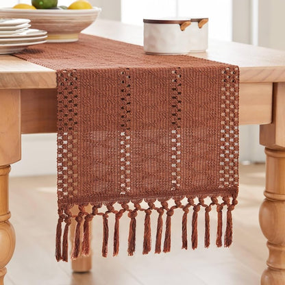 Macrame Style Boho Table Runner, 108" x 12" Terracotta - Handcrafted