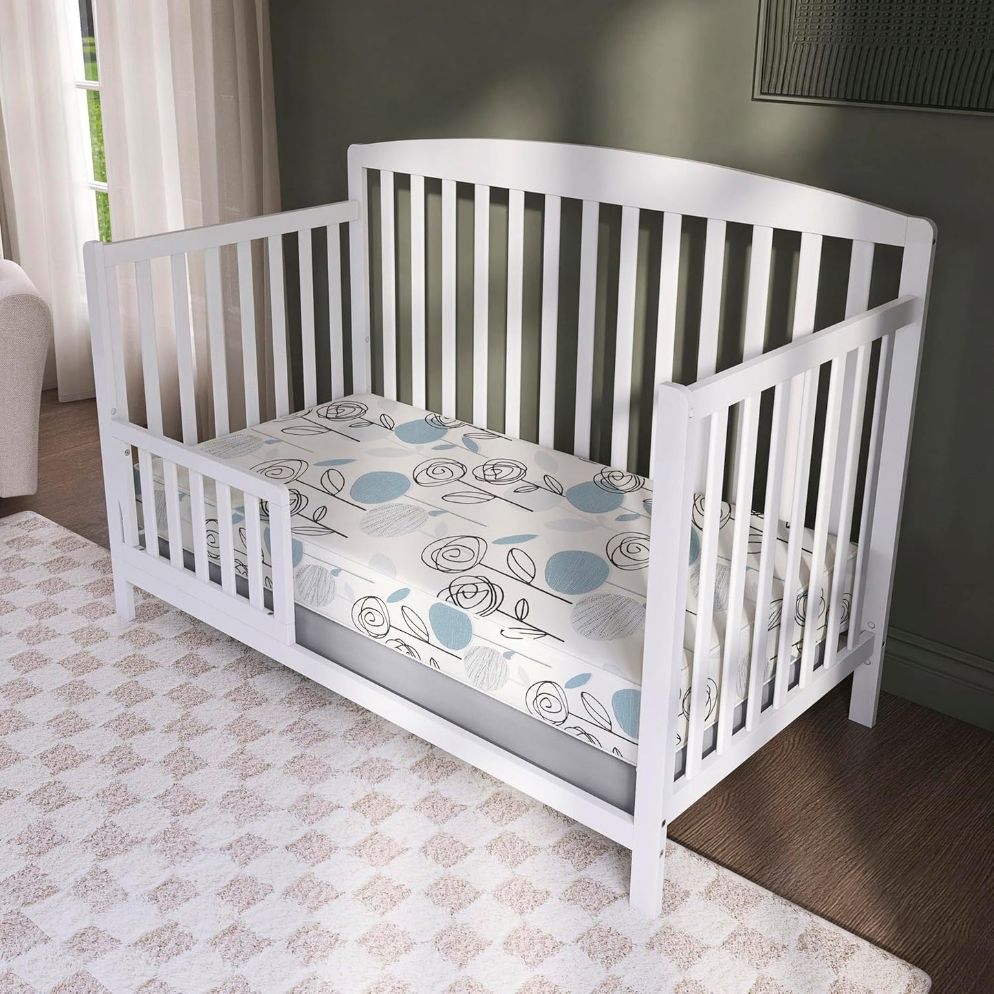 Dream On Me Nap Nest Crib & Toddler Mattress - Dual-Sided Waterproof 5” Mattress with 88 Coils, GREENGUARD Gold Certified - Teal Flowers