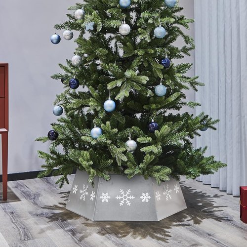 FORUP Metal Christmas Tree Ring - Printed Snowflake Design | Durable Tree Skirt Base Stand (Silver)