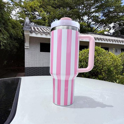 40 oz Traveler - Stripe Water Bottle with Handle & Flip Straw - Fits in Cup Holder, Leak Resistant Tumbler-Reusable Insulated Stainless Steel & Rubber Base - Gifts for Women & Men（Pink&White）