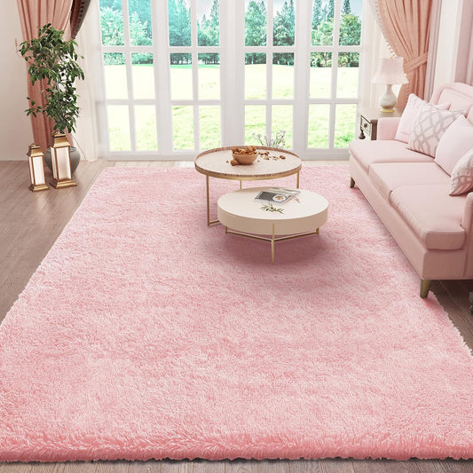 Ophanie Pink Area Rug - Fluffy Fuzzy Shag Carpet for Kids | Soft Plush 5x8 Bedroom Decor