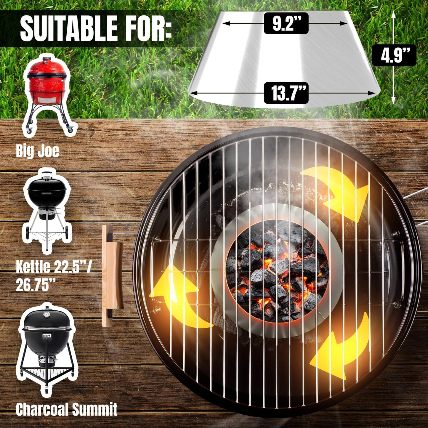 Smoker Chef Charcoal Heat Deflector - XL (XLarge) Stainless Steel BBQ Whirlpool for BGE XL & Big Joe - 13.7 Inches Base - 9.2 Inches Top - 4.9 In High - Slow and Sear Grill Accessories - Cone Shape