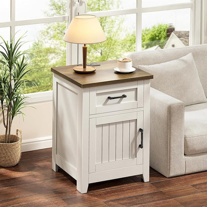End Table Set of 2 with Built-In Charging Station, White