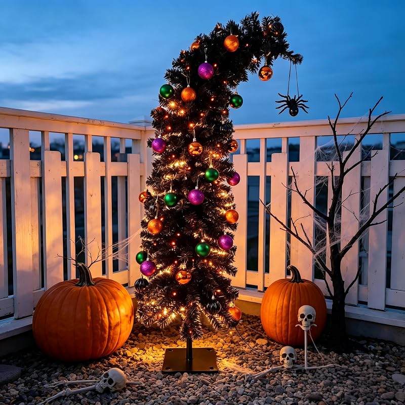 5ft Prelit Black Halloween Tree with 100 Orange Lights - Variation Black+5ft