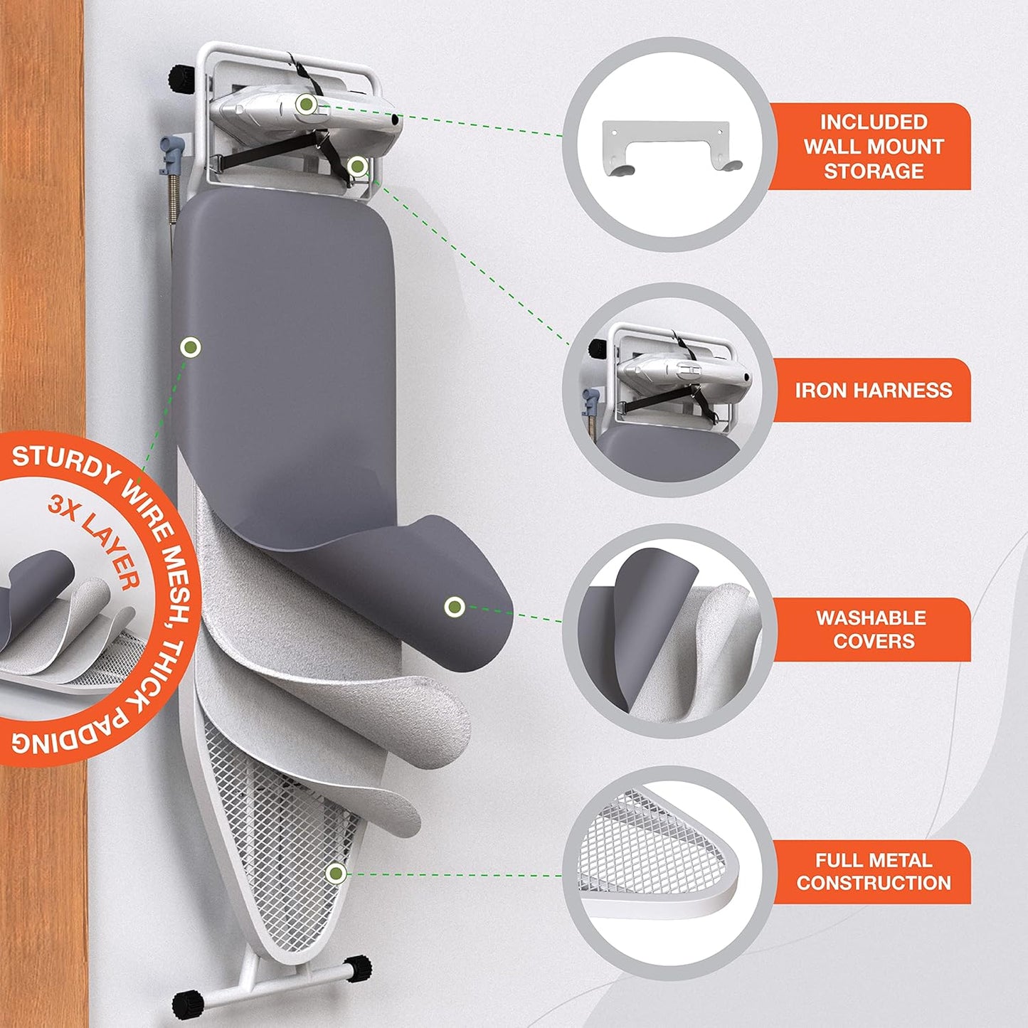 Xabitat Full Size Ironing Board - 57" X 15" with Wall Mount Hanger & Built-In Iron Caddy