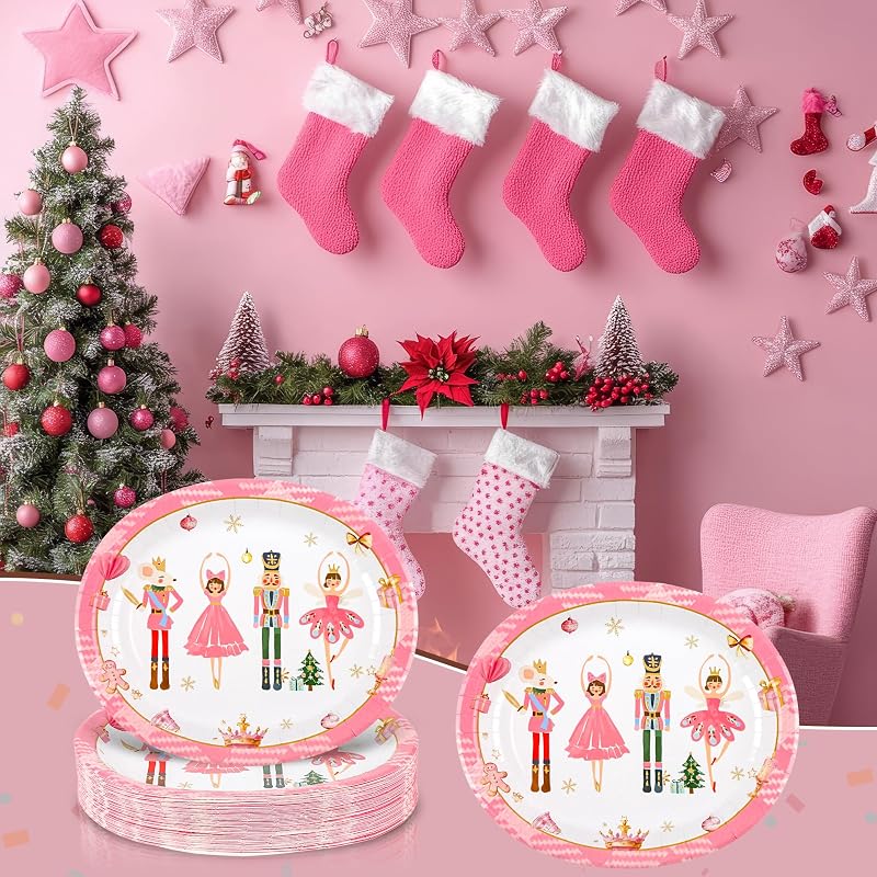Christmas Pink Nutcracker Heavy-Duty Paper Plates, 10 x 12 Inch, Disposable Holiday Dinnerware - 50 Pack