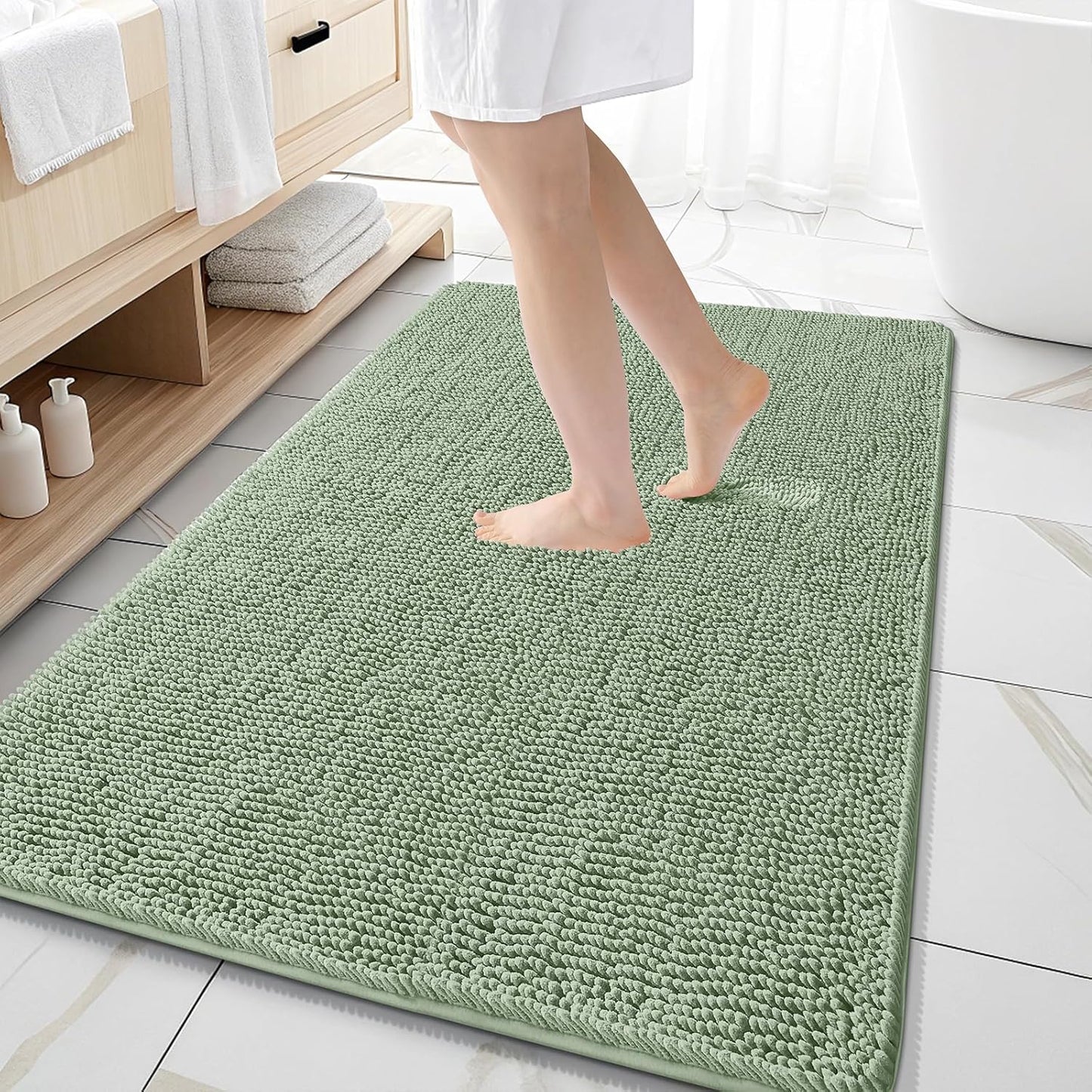 OLANLY Large Bathroom Rugs - Extra Soft Chenille Bath Mats | Quick-Dry, Machine Washable, Sage Green 59x35