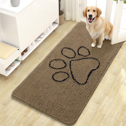 OLANLY Dog Door Mat for Muddy Paws 47x24, Paw Print Design, Absorbs Moisture and Dirt, Absorbent Non-Slip Washable Doormat, Quick Dry Chenille Mud Mat for Dogs, Entry Indoor Entryway Carpet, Tan