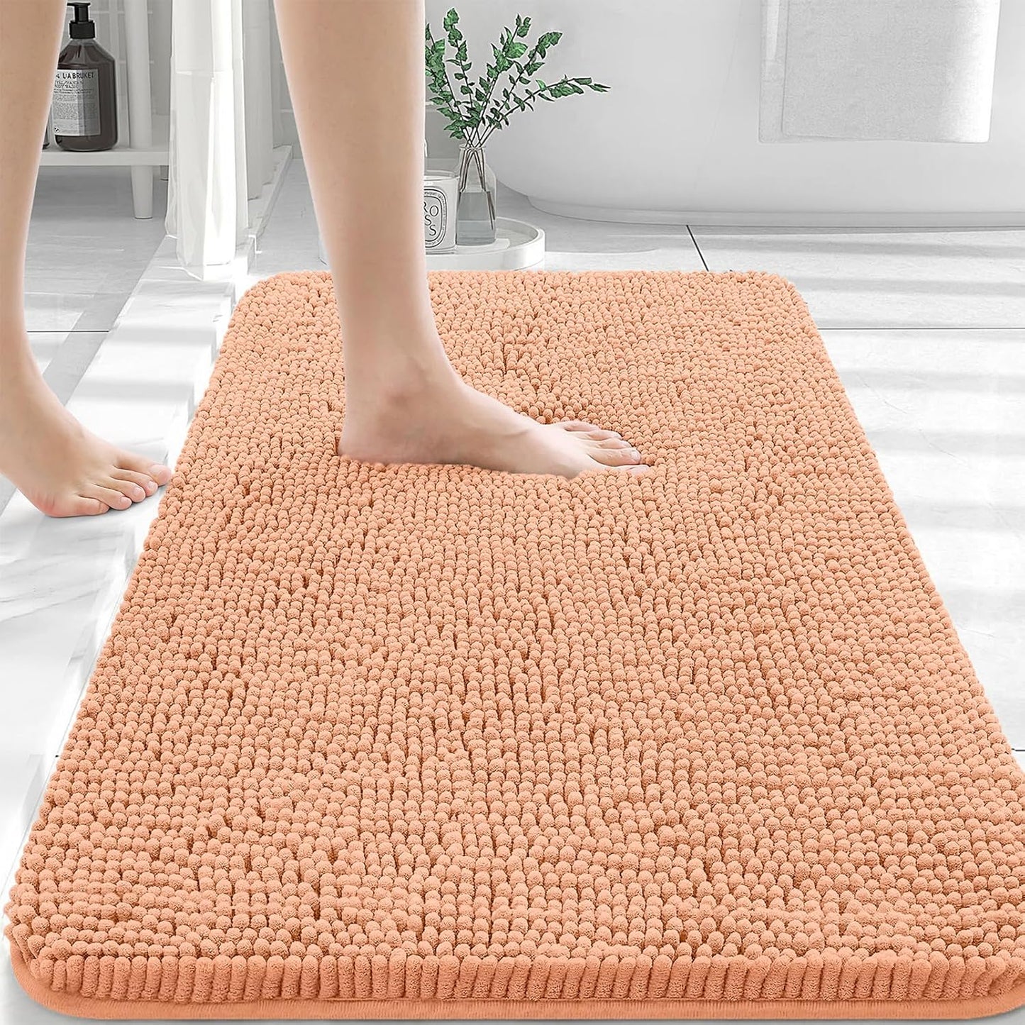 OLANLY Large Bathroom Rugs - Extra Soft Chenille Bath Mats | Quick Dry & Machine Washable, 45x27, Peach