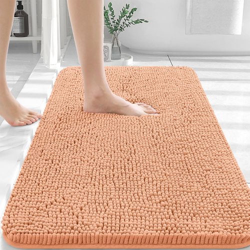 OLANLY Bathroom Rugs 40x24, Extra Soft Absorbent Chenille Bath Rugs, Rubber Backing Quick Dry, Machine Washable Bath Mats for Bathroom Floor, Tub and Shower, Home Decor Accessories, Peach