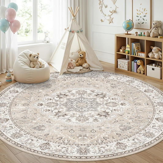 7x7 Living Room Area Rug - Washable Oriental Round Rug | Soft, Non-Slip, Stain-Resistant Beige Mat