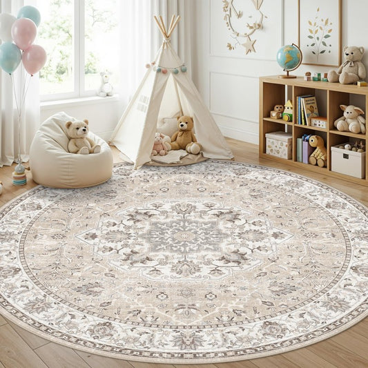 Washable 8ft Round Area Rug - Living Room Oriental Non Slip Soft Rugs Indoor Low Pile Stain Resistant Carpet for Bedroom Dining Room Farmhouse Distressed Thin Home Decor Floor Mat(8Round,Beige)