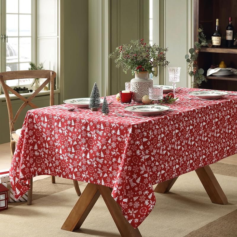Red 52 x 70 Inch Cotton Blend Tablecloth with Bell & Snowflake Pattern - Holiday Decor