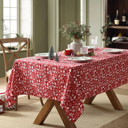 Red 52 x 70 Inch Cotton Blend Tablecloth with Bell & Snowflake Pattern - Holiday Decor