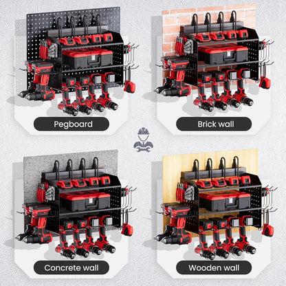 TRZZ Power Tool Organizer - 3-Layer Wall Mount Charging Station with 8 Outlets & 6 Drill Holders | Efficient Garage Storage (Black)