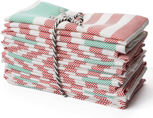 PERLLI Christmas Kitchen Cloth Napkins - 12 Pack 100% Cotton, 18x18 Inches | Washable Red, White & Green Table Linens