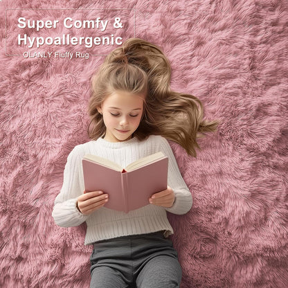 OLANLY Large Area Rug - Soft, Fluffy Machine Washable Carpet for Living Room & Bedroom | Pale Pink