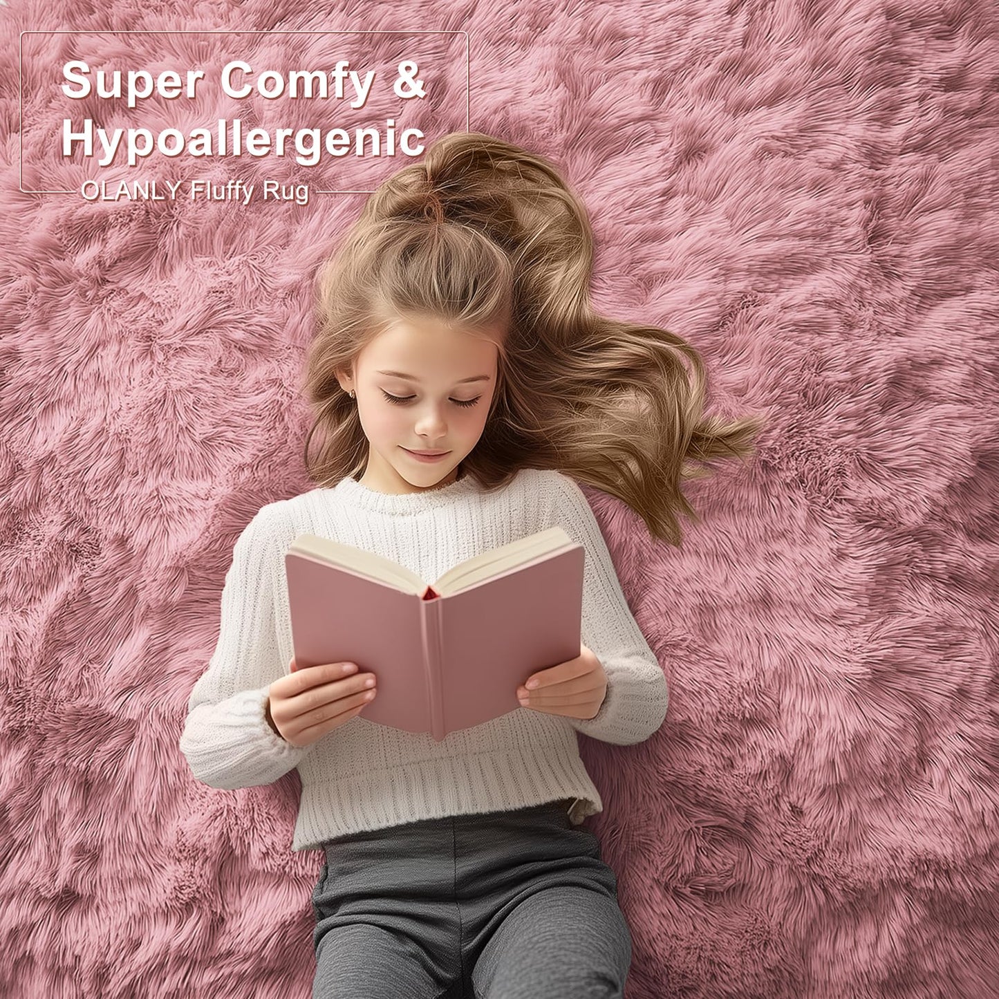 OLANLY 9x12 Machine Washable Large Area Rugs for Living Room, Bedroom, Soft Fluffy Shaggy Bedside Rug, Indoor Floor Carpet for Kids Girls and Boys, Dorms, Nursery, Home Decor Aesthetic, Pale Pink