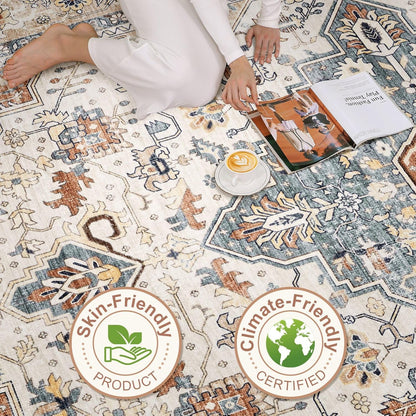 Skiennix 9x12 Area Rug - Washable Boho Vintage Design | Soft, Stain-Resistant Indoor Carpet in Beige & Blue
