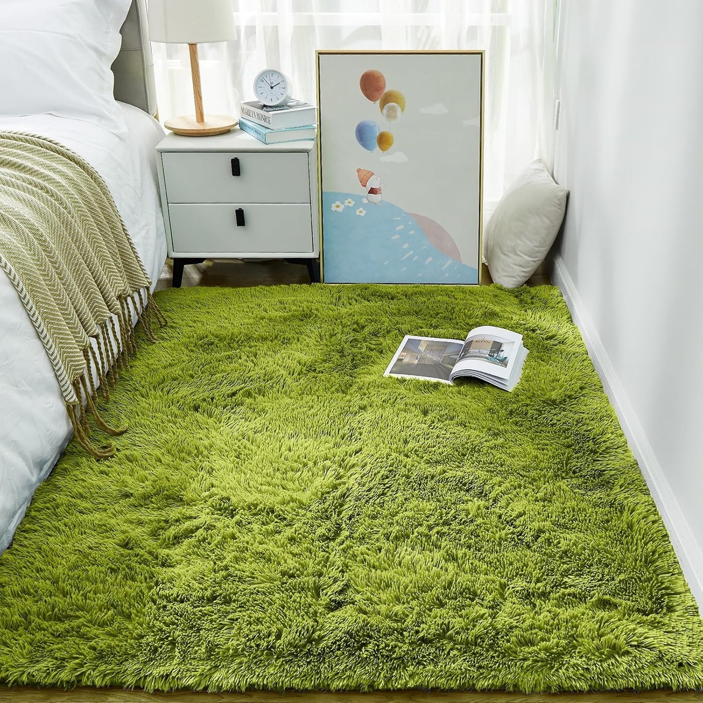 Ophanie Green Grass Area Rug - Soft Fluffy Shag Carpet for Bedroom | 3x5 Cute Plush Design