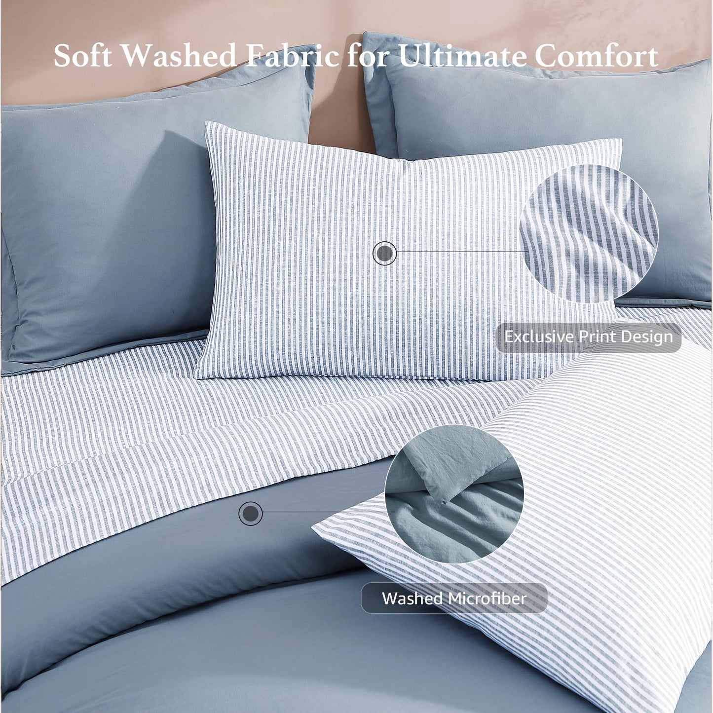 Monbix King Size Comforter Set - 7 Pieces Dusty Blue Prewashed Bed in a Bag King Bedding Sets with Comforters, All Seasons Ultra Soft Comforter Bed Set with Sheets,Pillowcases & Shams